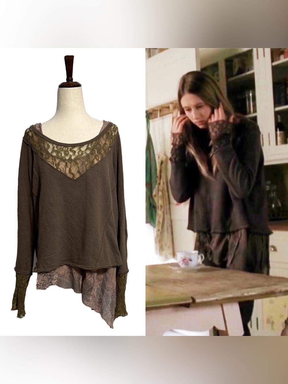 Free People • Lace & Terry Cutaway Pullover Sweater Brown M ASO Violet Harmon